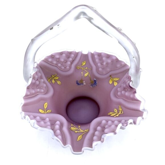 Brides Basket Glass Antique Victorian Enamel Floral Purple Satin Bowl 7" x 7" - Picture 1 of 8
